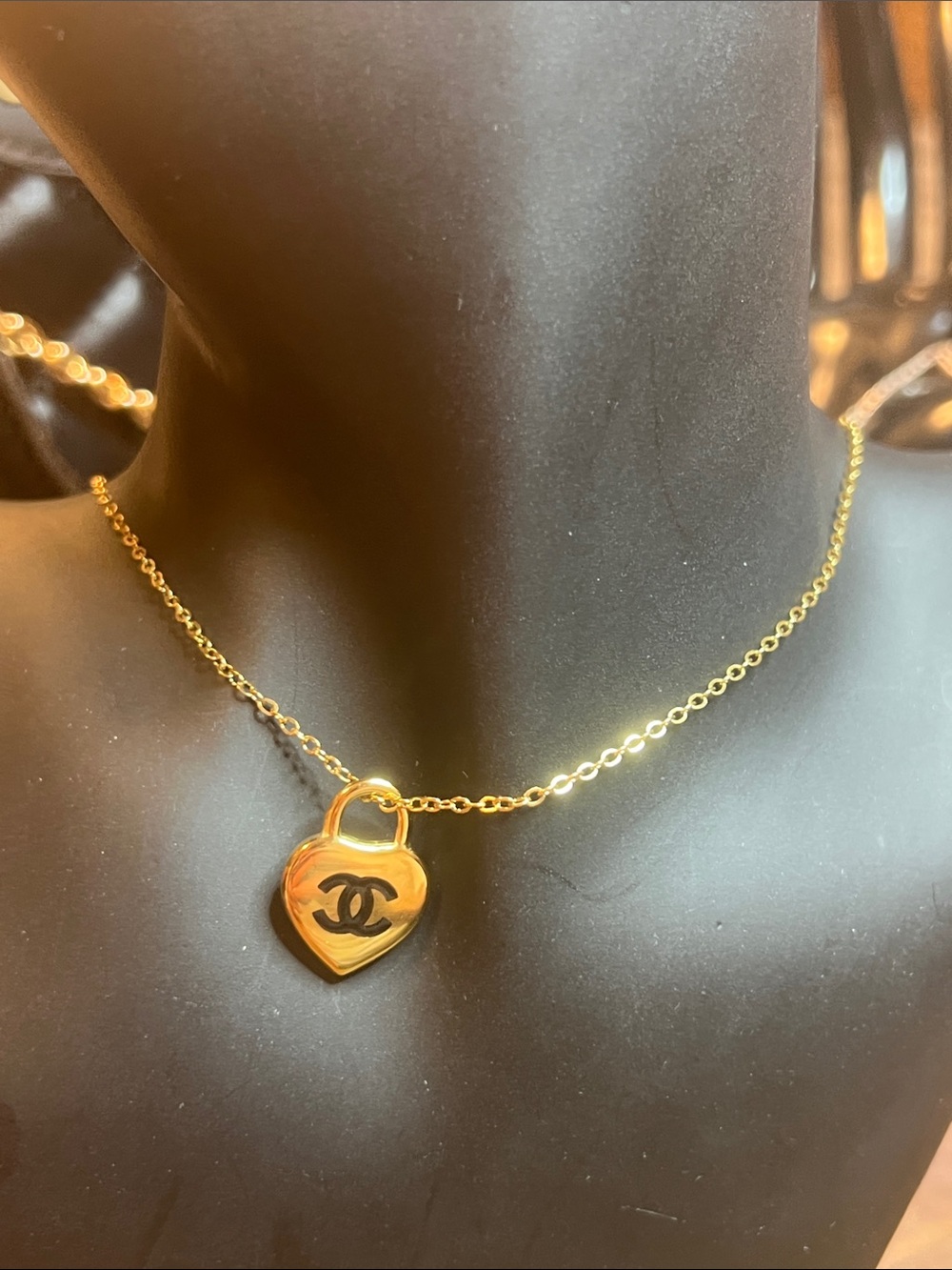 Gold Heart Padlock Necklace with Interlocking CC Pendant